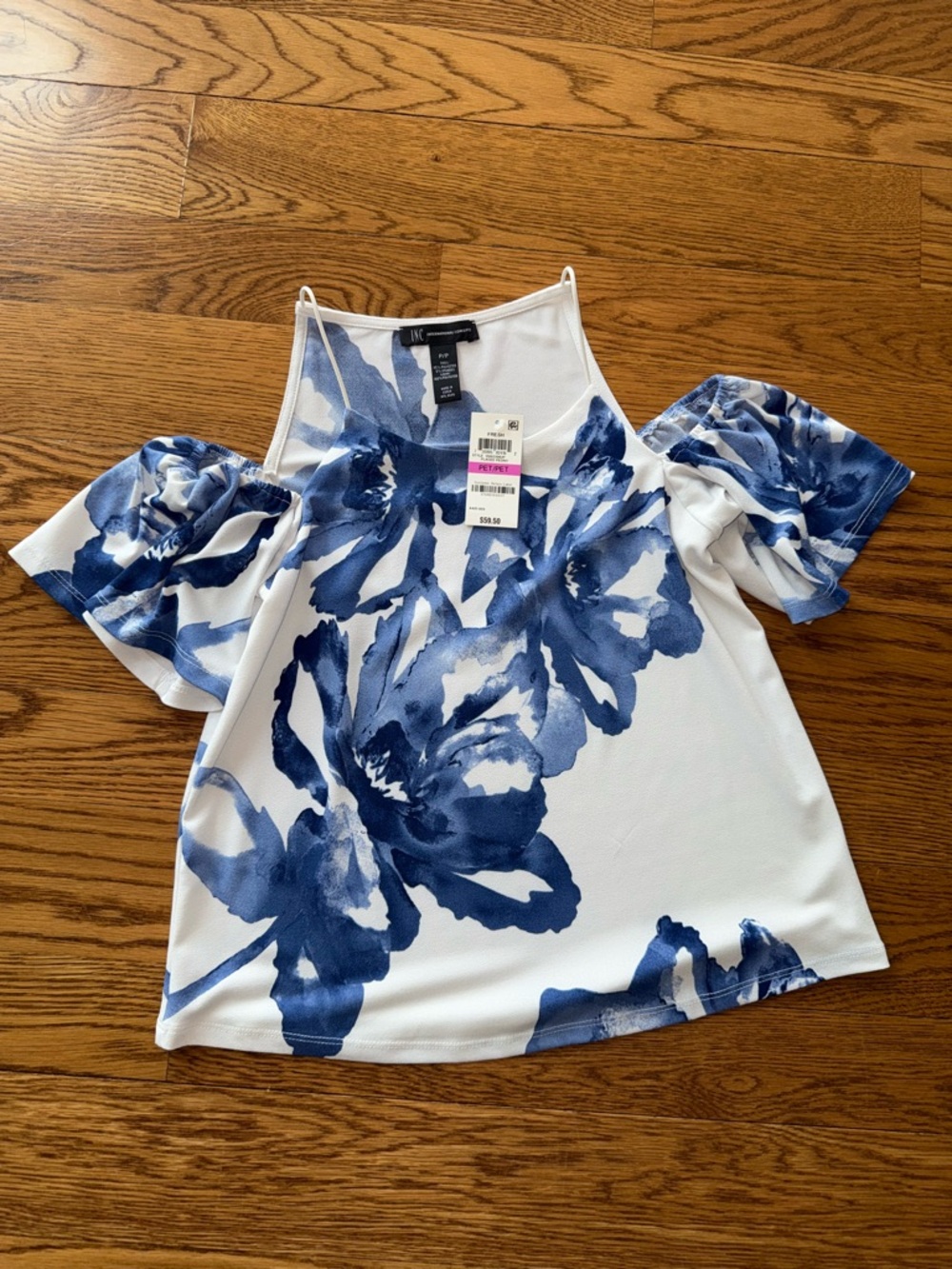 INC Blue Floral Cold-Shoulder Top - White/Blue